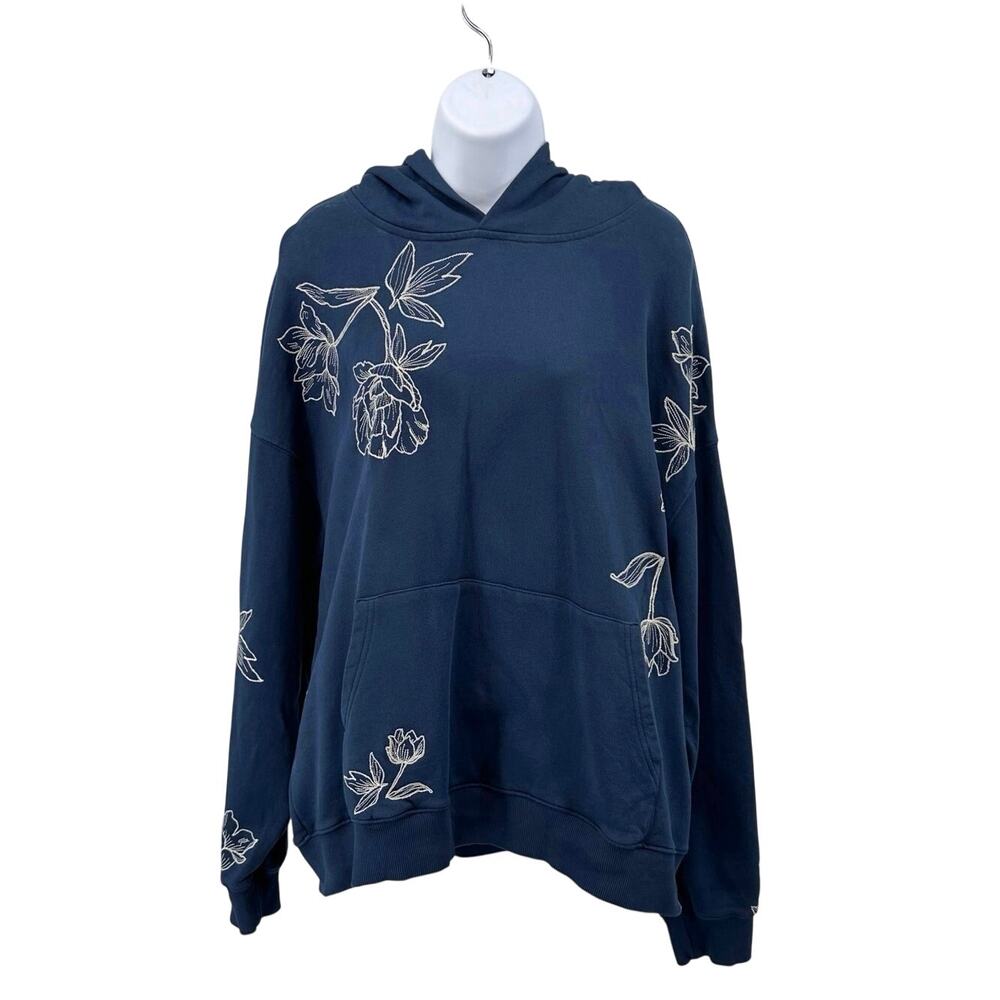 Driftwood Hoodie Navy Blue Women L Ice Falls Pullover Floral Embroidered Stretch